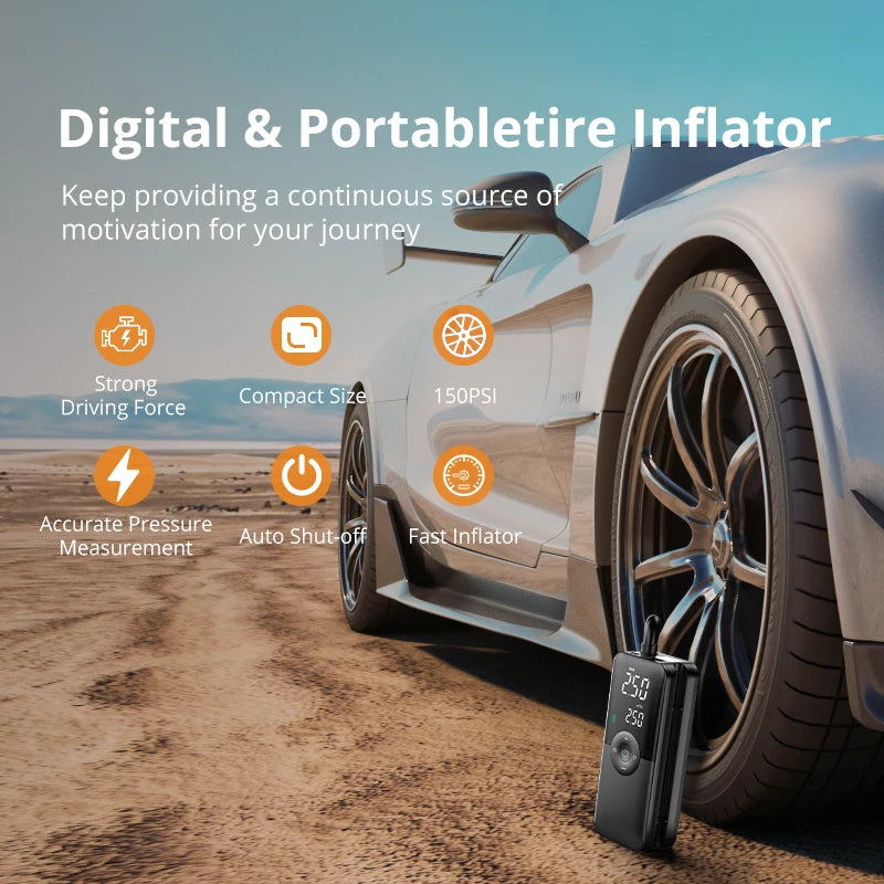 PumpX – Compresseur d'Air Portable Rechargeable | Gonfleur Numérique pour Voiture, Vélo, Moto