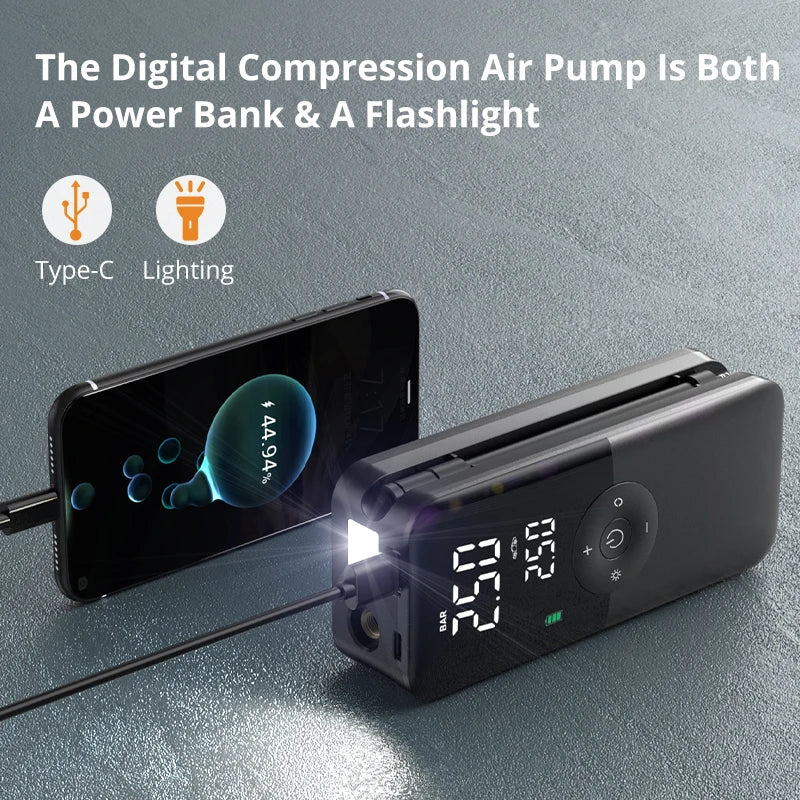 PumpX – Compresseur d'Air Portable Rechargeable | Gonfleur Numérique pour Voiture, Vélo, Moto